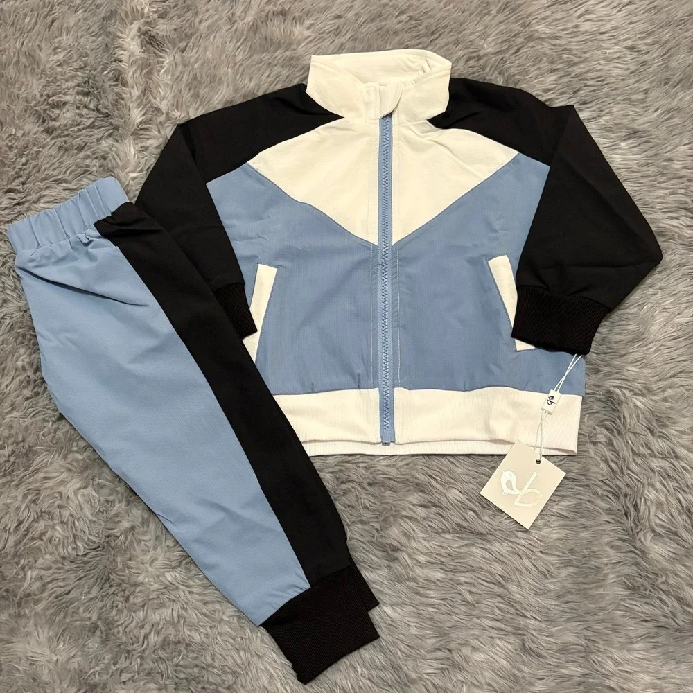 Birdie Bean Jacket + Jogger Pants Outfit Set Pale Blue Black White Toddler 5T
